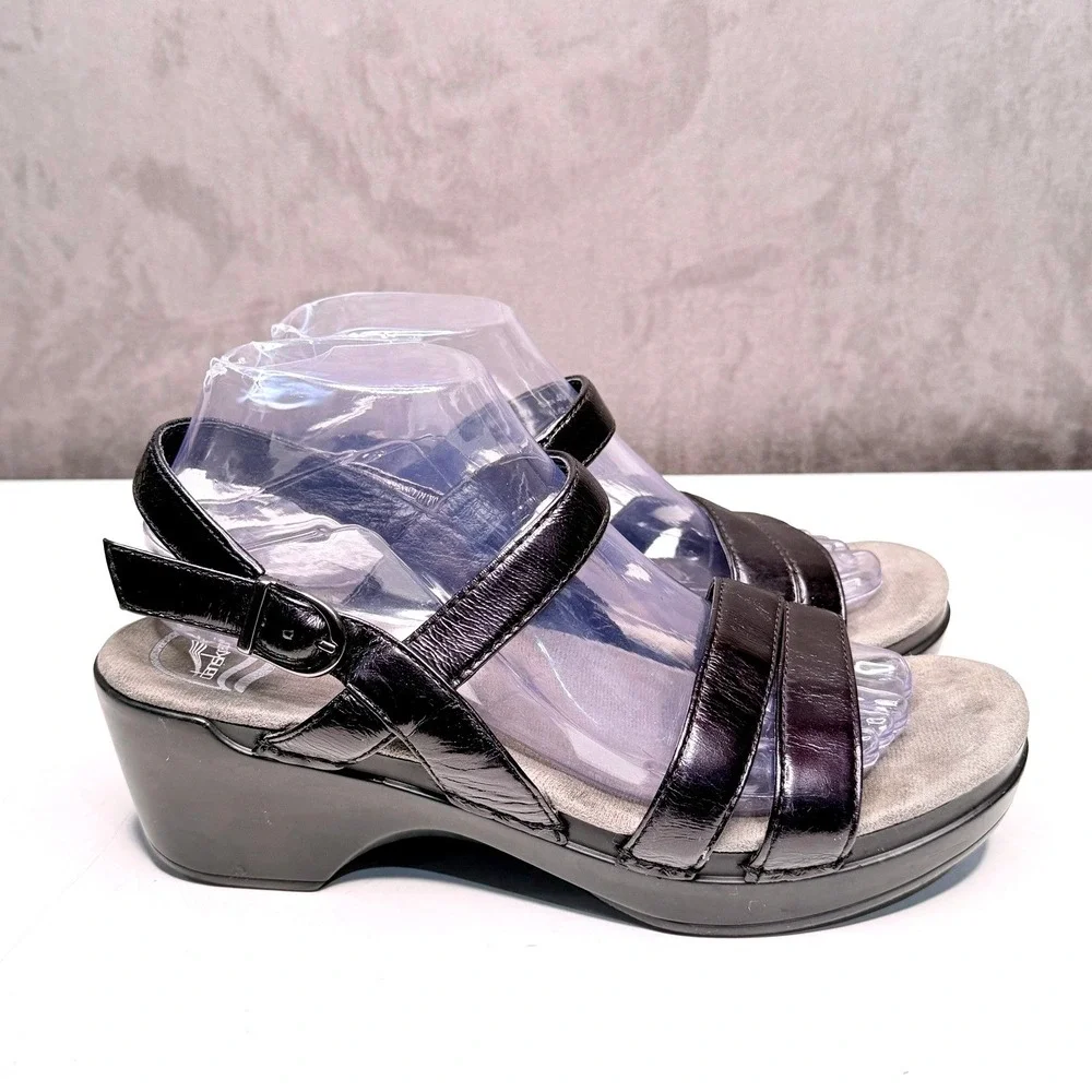 Dansko Black Leather Wedge Sandals